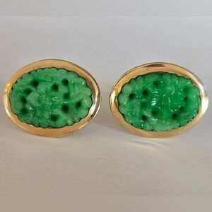 Antique Gold & Green Jade Flower Screwback Earrings